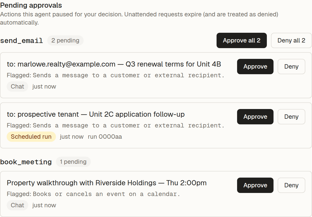 The approvals inbox grouped by action, showing two pending email approvals with an Approve all button and one pending calendar-booking approval.
