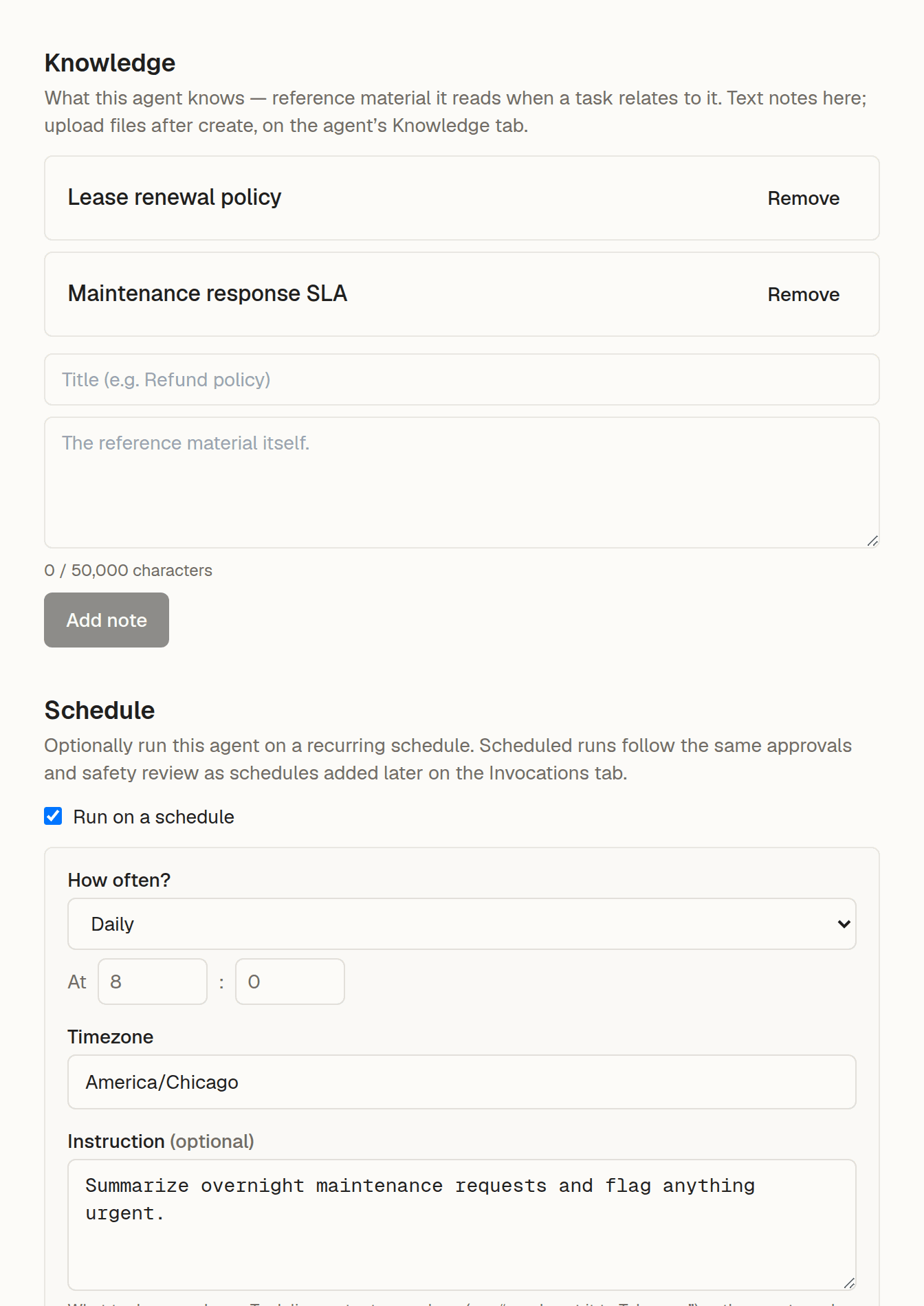 The agent builder’s Knowledge and Schedule sections, showing two saved knowledge notes and a daily 8:00 AM schedule with a written instruction.