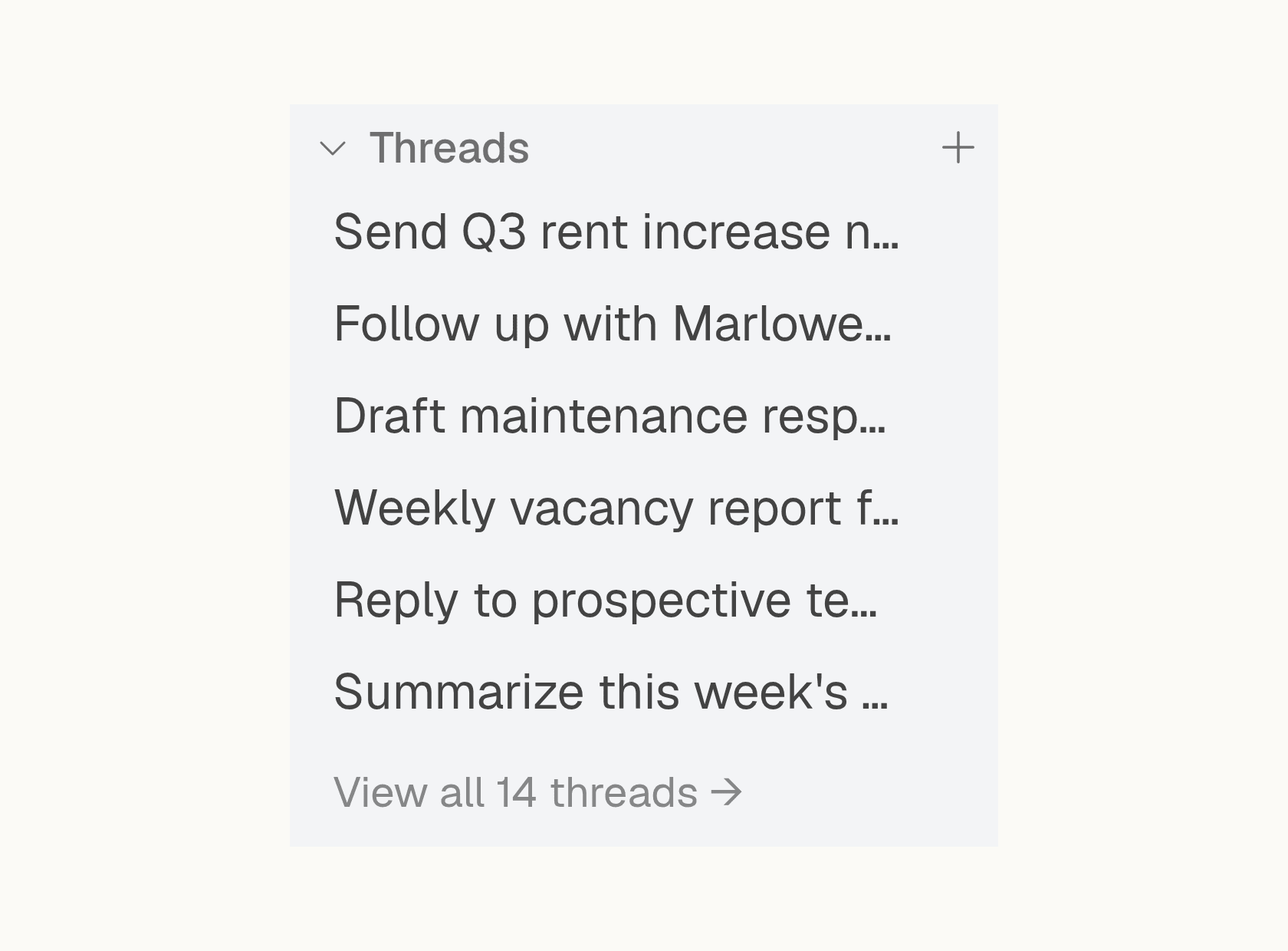 The sidebar’s Threads section listing six thread titles, with a link to view all 14 threads.