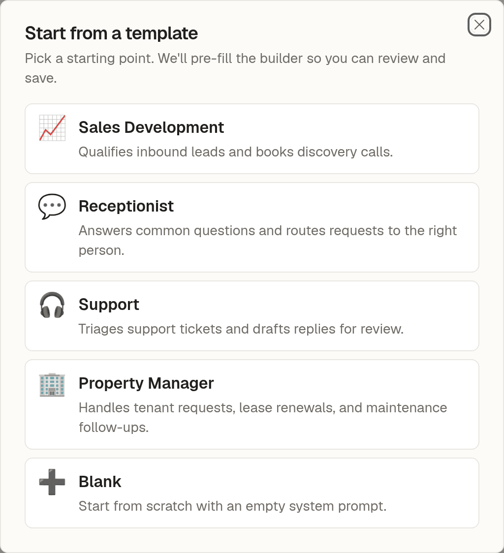 The Start from a template dialog listing five agent templates, each with an icon and a one-line description.